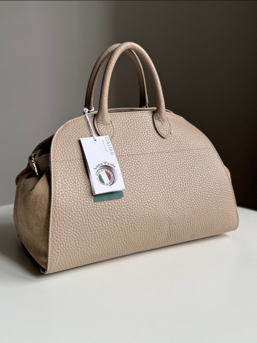 Italian Pebble Leather Satchel in Beige